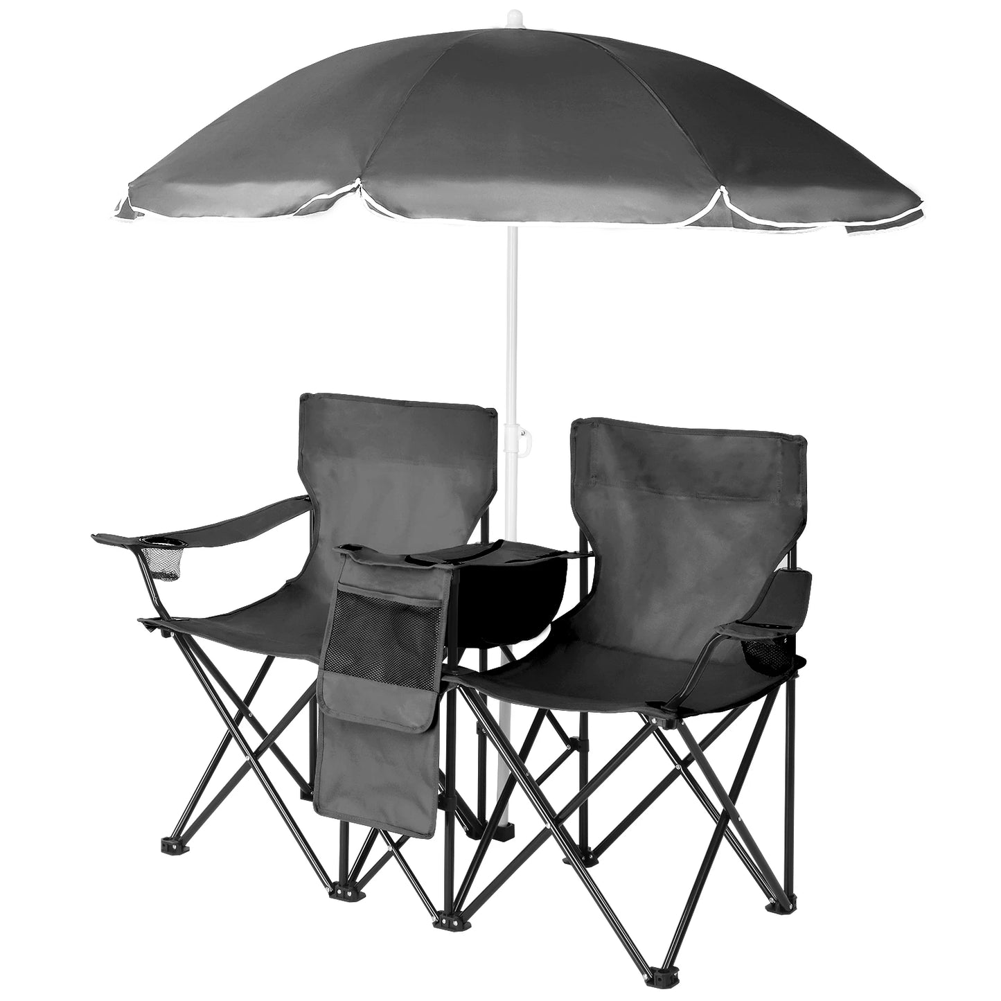 59*19.6*31in Portable Outdoor 2-Seat Folding Chair with Removable Sun Umbrella Black