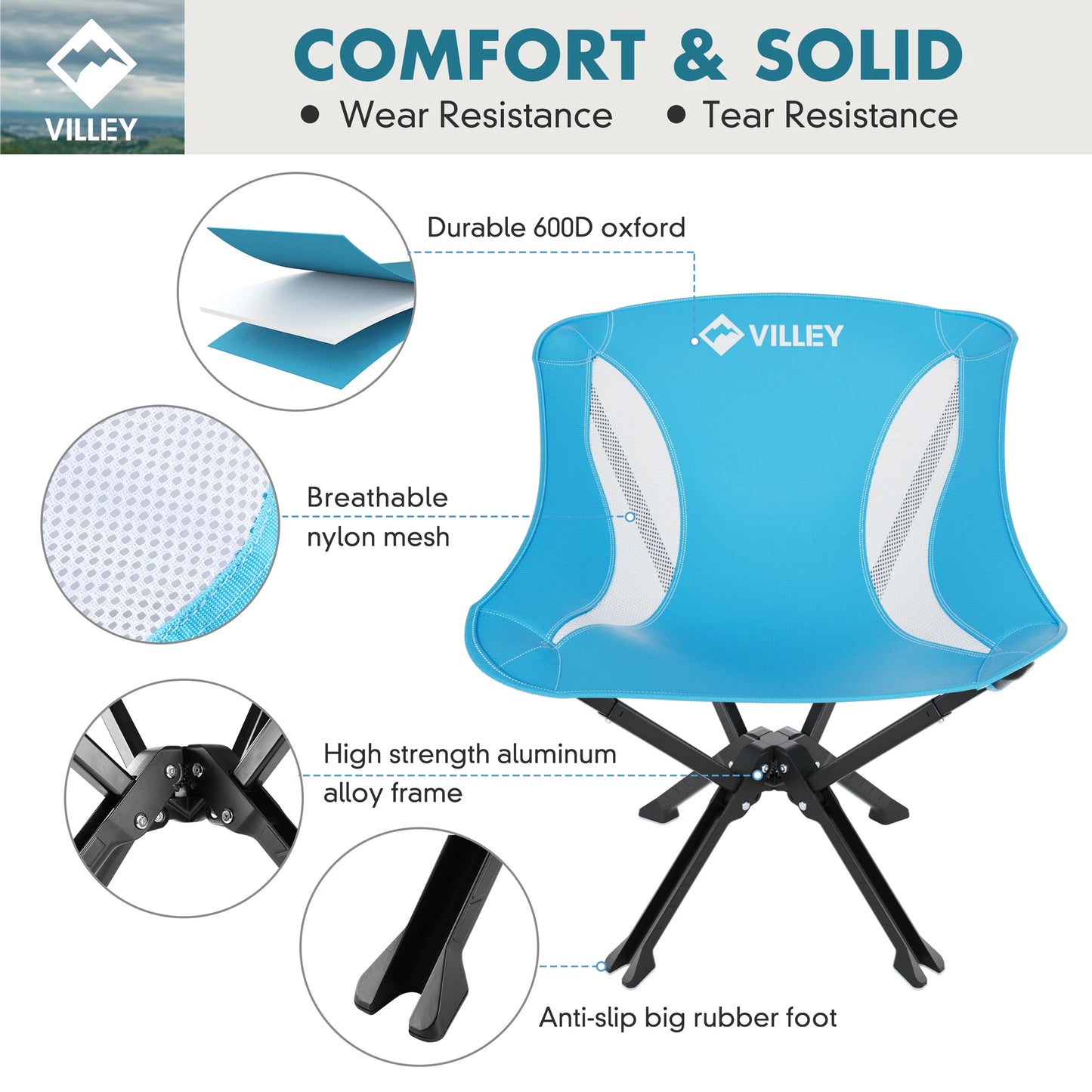 VILLEY Portable Folding Chair Lightweight Camping Chair No Assembly Needed, Quick Setup for Beach, Hiking, Supports 330 LBS