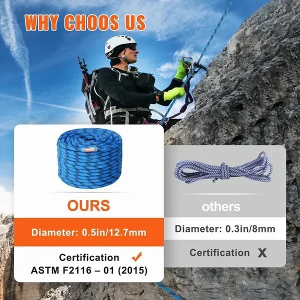 VEVOR 12.7mm Static Climbing Rope, 38M(125ft) Outdoor Rock Climbing Rope 32KN Breaking Tension, Fiber Rope with Steel Snap Hooks