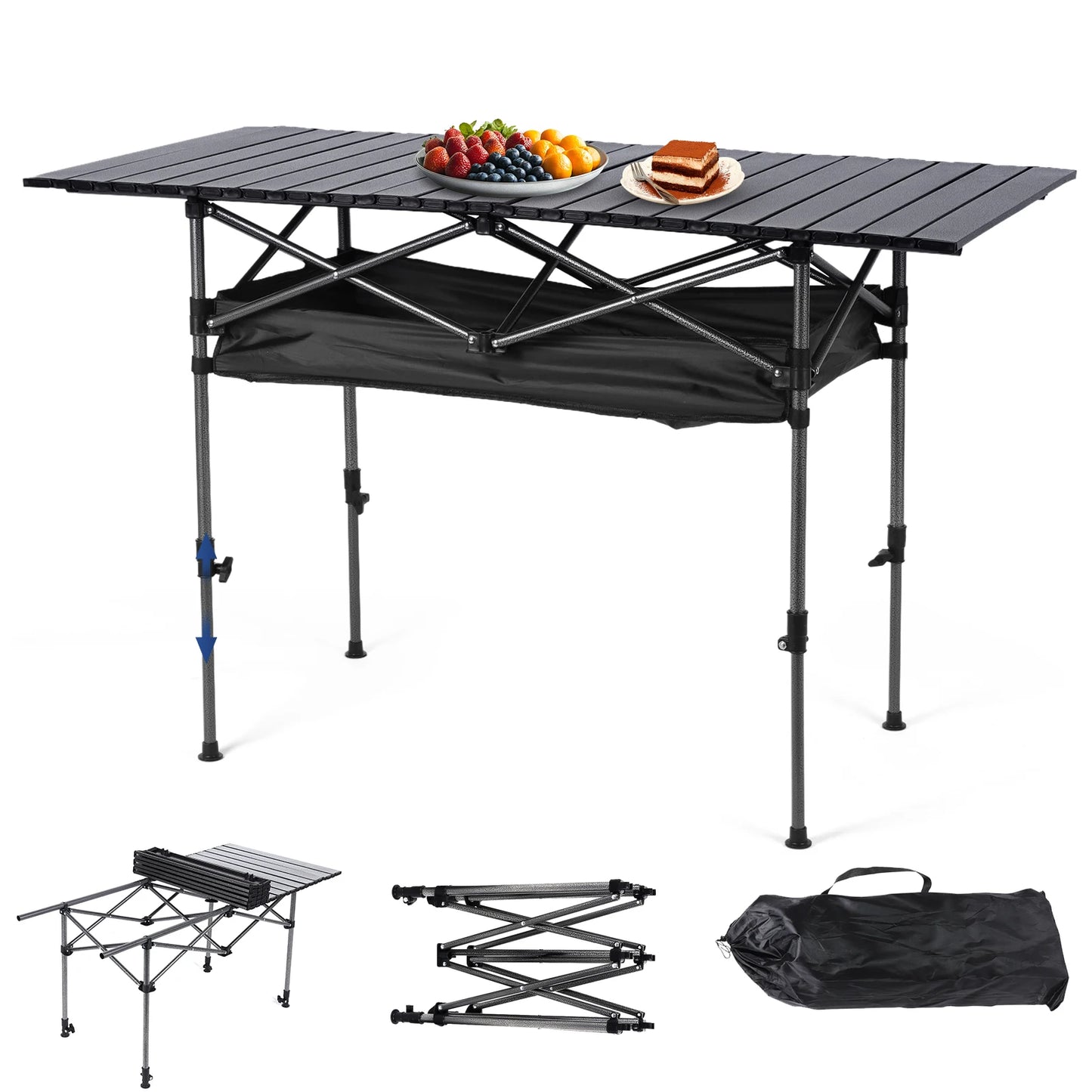 Outdoor Folding Table Lightweight Camping Lifting Table Adjustable Roll-Up Rectangular Table for Picnic Camping Trip Beach BBQ