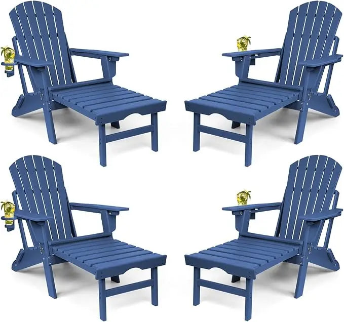 Adjustable Folding Adirondack Chairs Set of 4 | With Retractable Ottoman & Built-In Cup Holder | All Weather Fire Pit Chairs