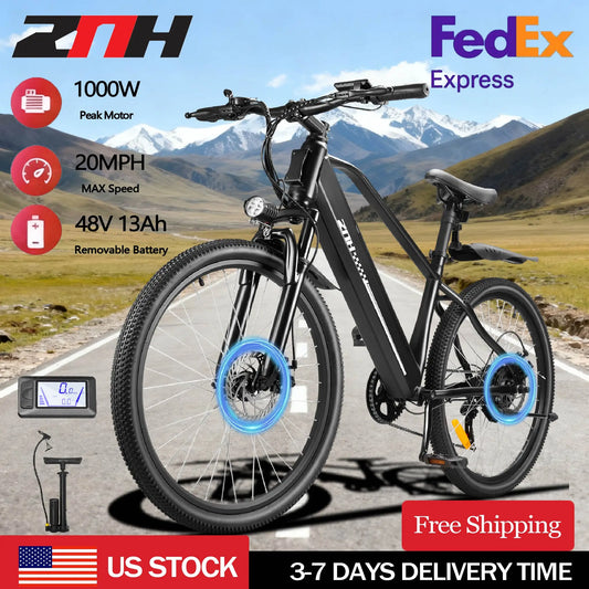 ZNH Electric Bicycle for Adults,1000W Peak Motor,48V Removable Battery,20MPH,26" Tire Electric Bike,7-Speed,50 Miles E-bike