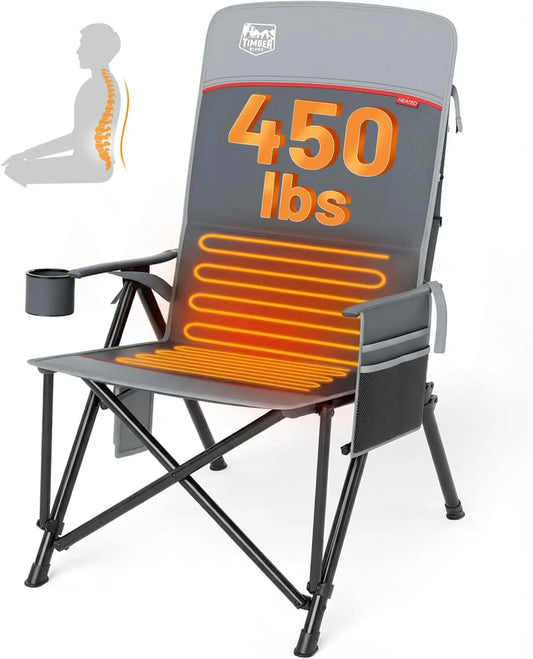Oversized Heated Camping Chair with Lumbar Support, Heavy Duty Folding Chair for Adults, 450 LBS Capacity, High Back, Portable O