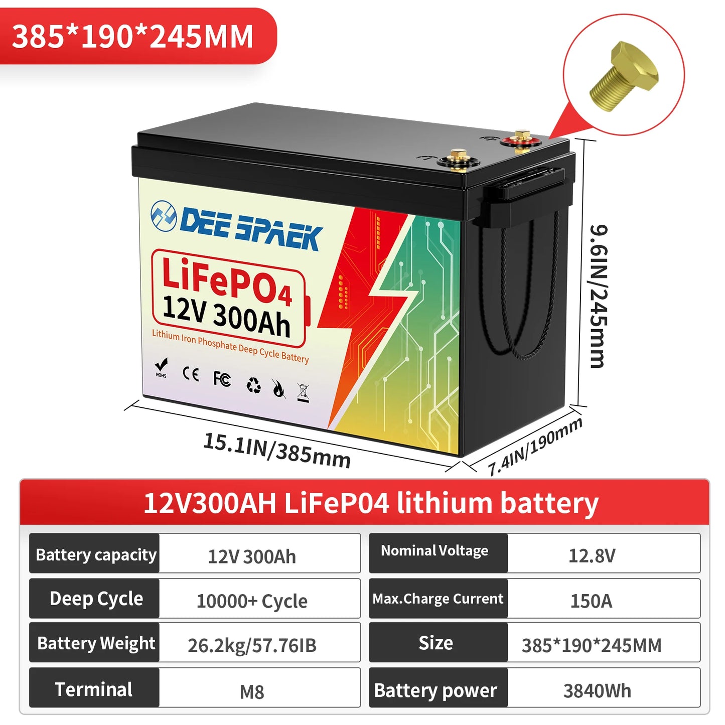 12V 300Ah LiFePO4 Lithium Battery With 200A BMS 8000+ Cycles For RV Campers Off-Road Off-Grid Fishing Boats Solar System Battery