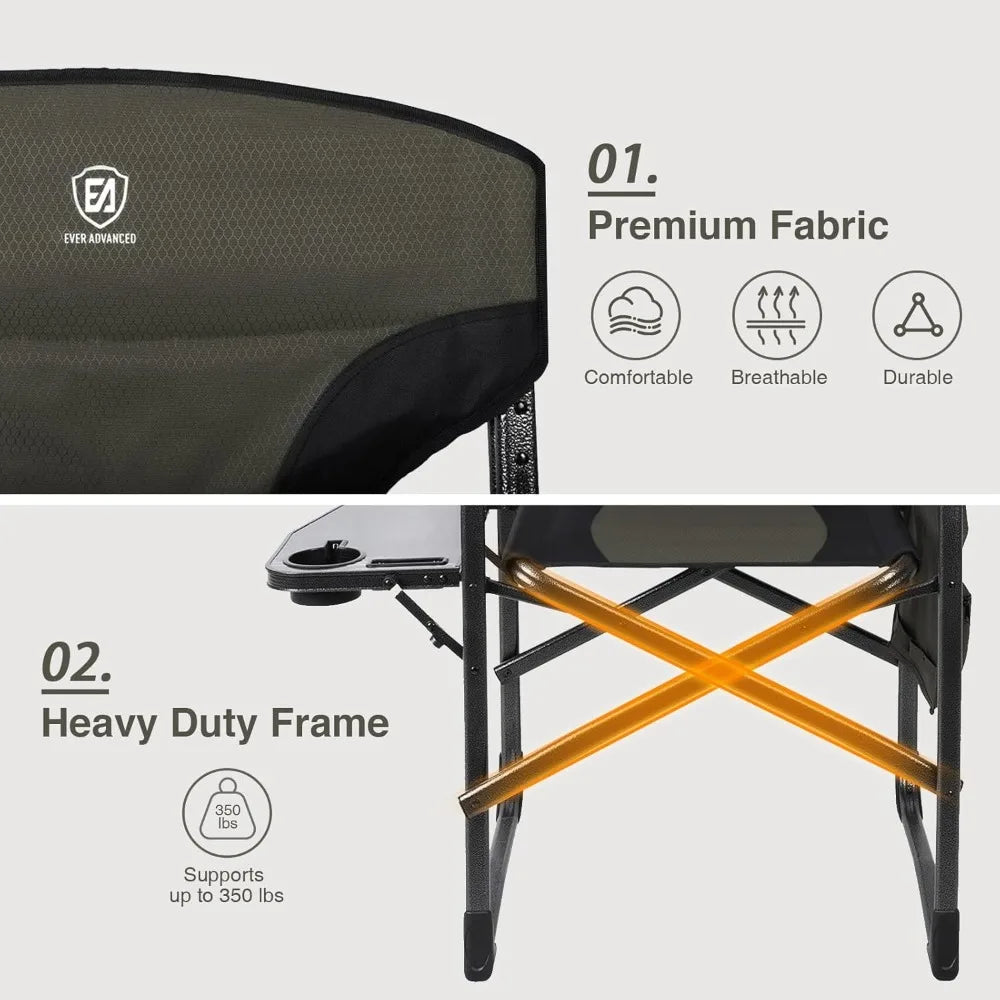Lightweight Folding Directors Chairs Outdoor, Aluminum Camping Chair with Side Table and Storage Pouch, Heavy Duty Supports 350
