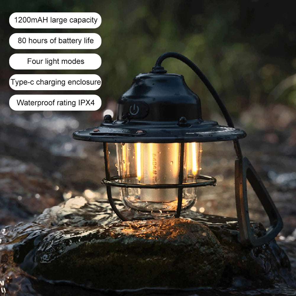 LED Camping Lantern Dimming Emergency Lamp Type C Charging Retro Camping Light 4 Light Modes Multifunction for Fishing Camping