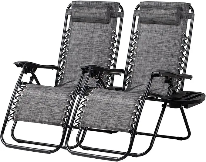 Set of 2 Relaxing Recliners Patio Chairs Adjustable Steel Mesh Zero Gravity Lounge Chair Beach Chairs with Pillow and Cup Holder