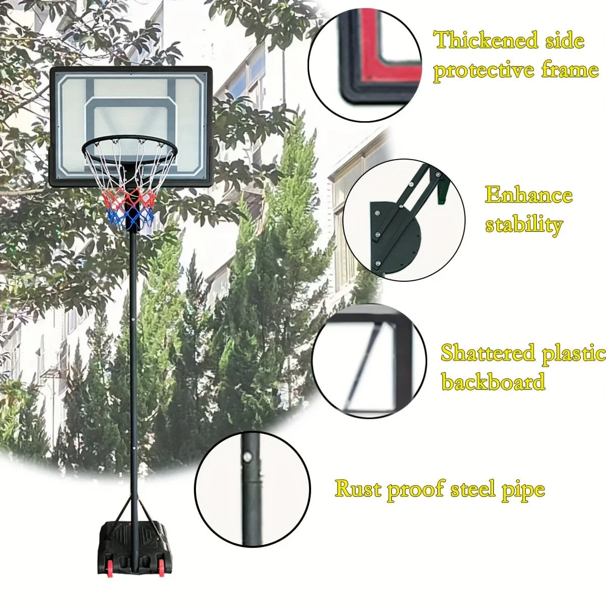 1 Basketball Hoop Outdoor 5.5-9.5 Feet Adjustable Height, 33 Inch Shatter Resistant Backboard, Portable Hoop Court System