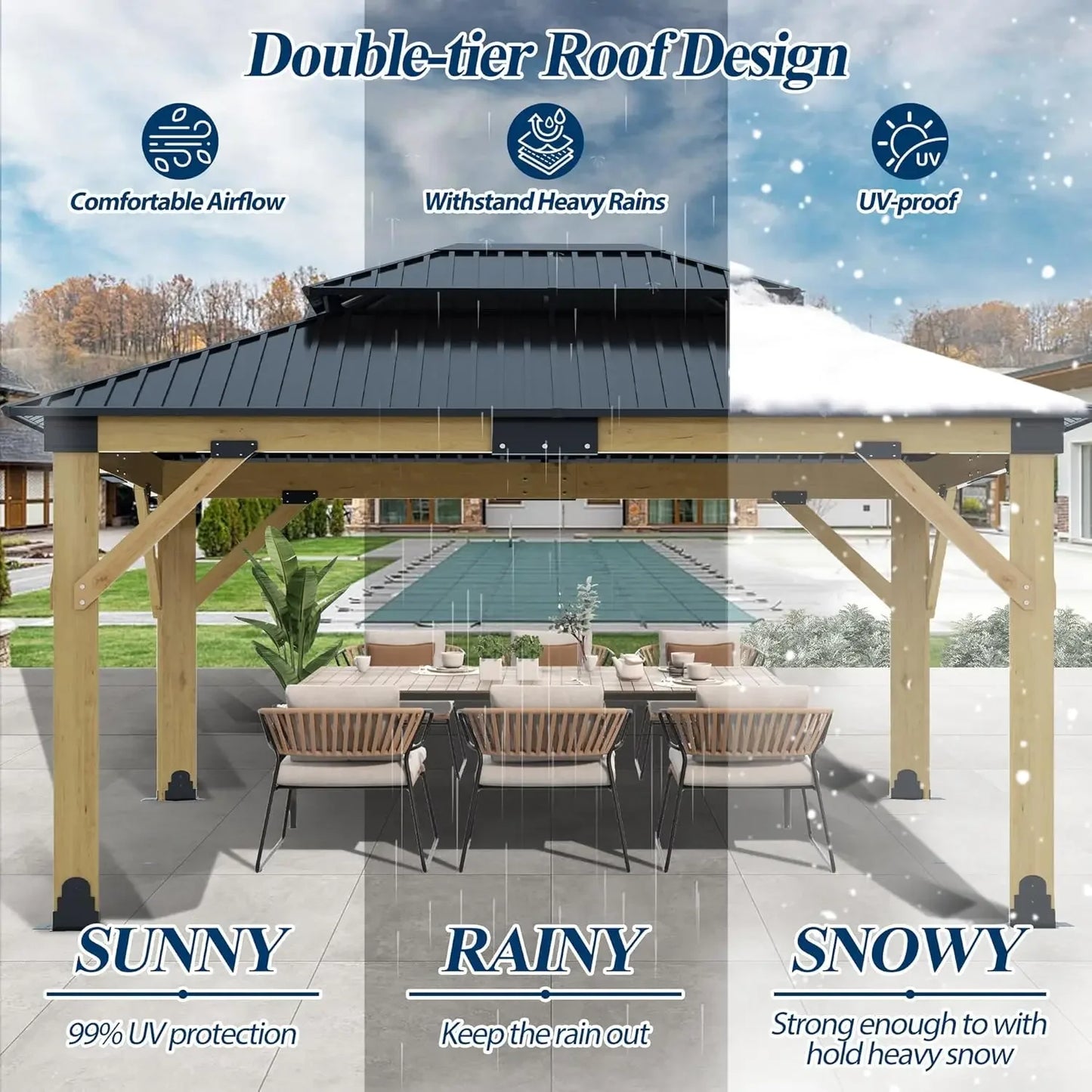 11'x13' Wood Gazebo,Outdoor Hardtop Gazebo with Galvanized Steel Doule Roof, Wooden Frame Gazebos for Patio Backyard Deck