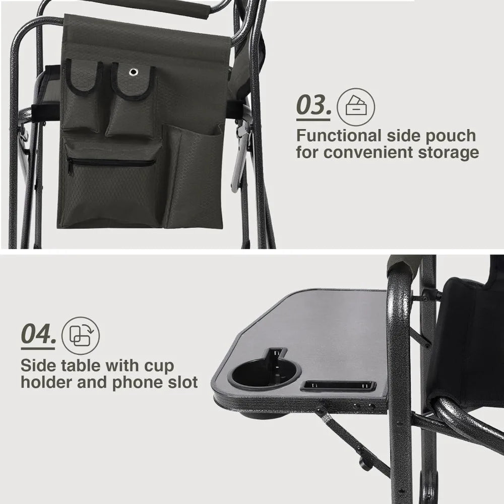 Lightweight Folding Directors Chairs Outdoor, Aluminum Camping Chair with Side Table and Storage Pouch, Heavy Duty Supports 350