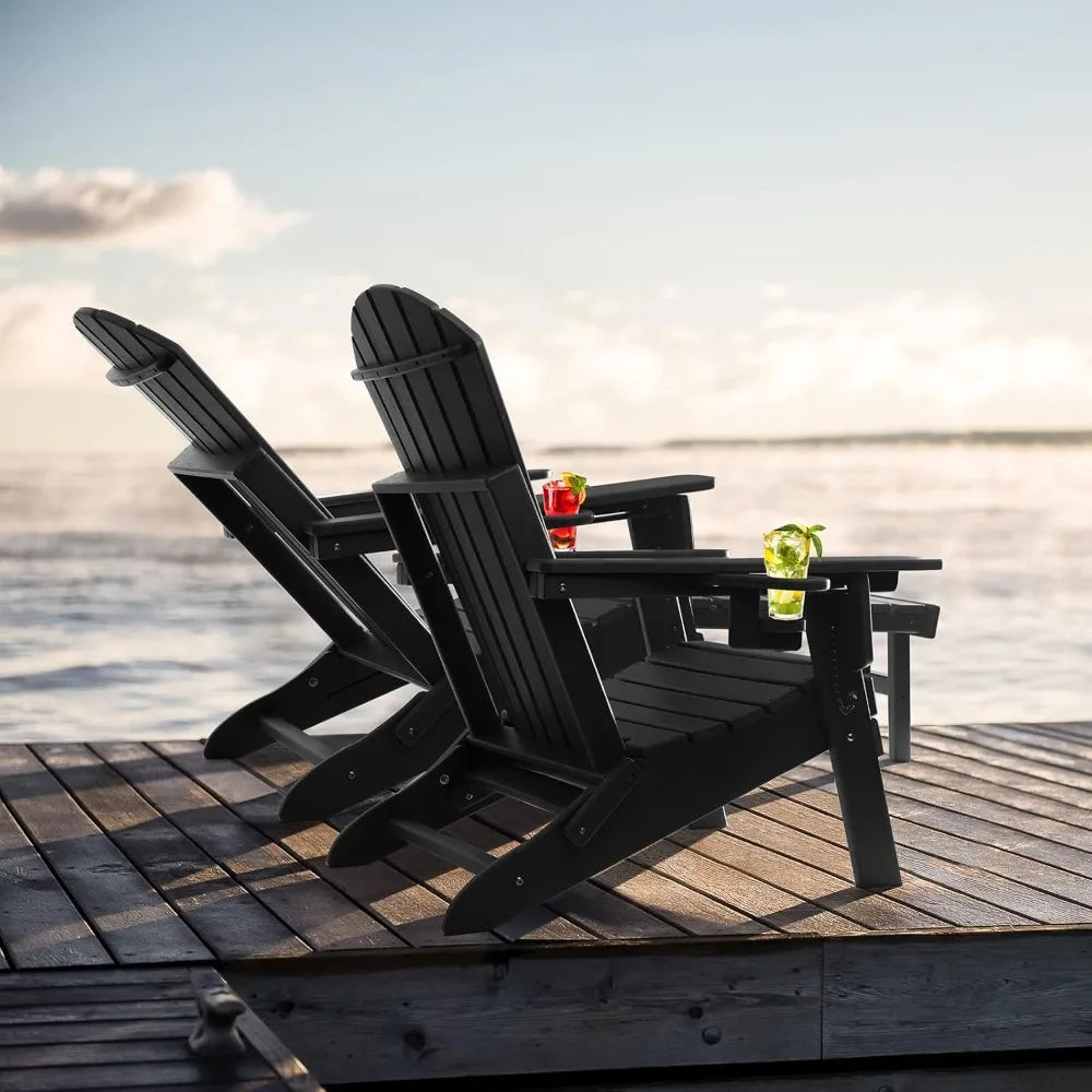 Adjustable Folding Adirondack Chairs Set of 4 | With Retractable Ottoman & Built-In Cup Holder | All Weather Fire Pit Chairs