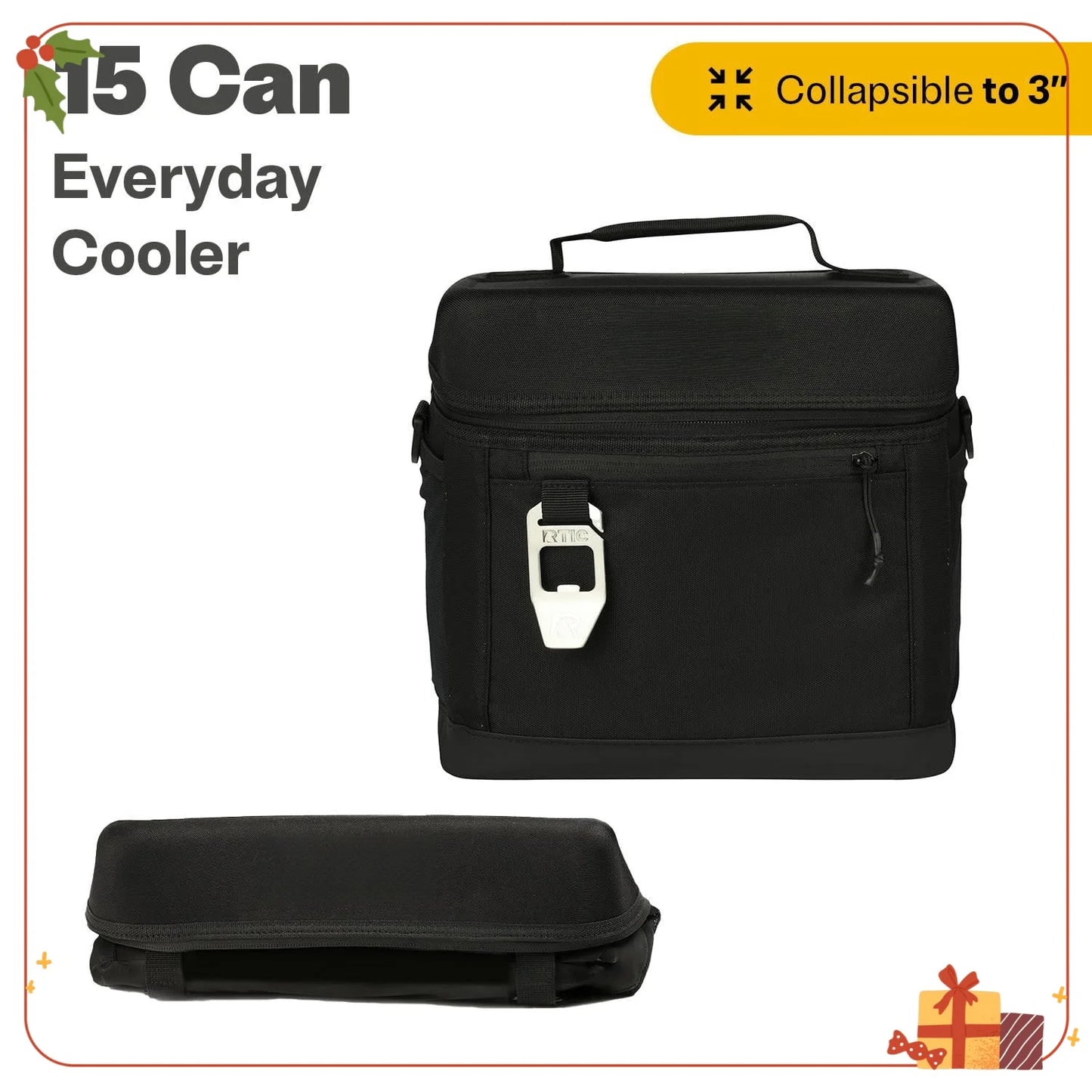 Black 16QT Collapsible Soft Cooler 15 Can, with Bottle Opener Insulated Bag for Everyday Picnics & Travel Use