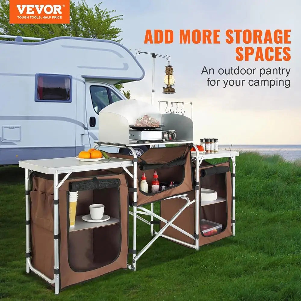 Camping Kitchen Table, olding Outdoor Cooking Table with Storage Carrying Bag, Cook Station 3 Cupboard & Detachable Windsn, Quic