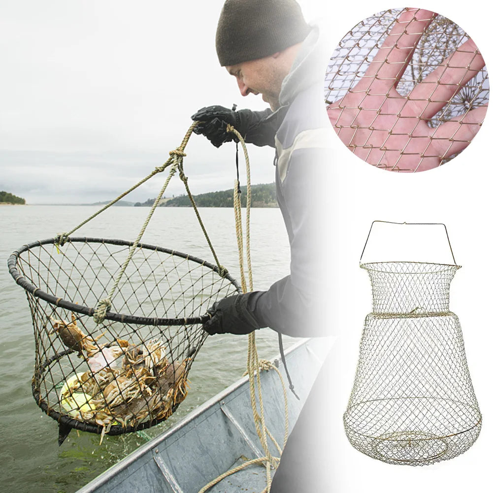 Galvanized Steel Wire Fish Basket Collapsible Fishing Basket Foldable Minnow Bucket Metal Mesh Fish Trap for Outdoor Fishing