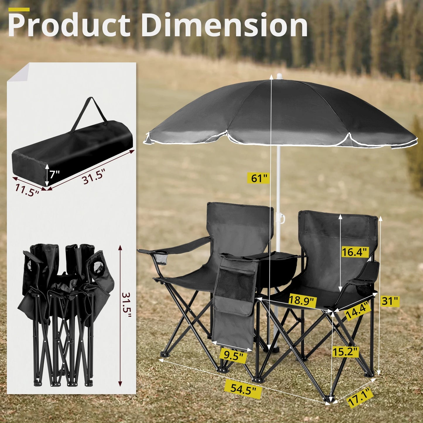 59*19.6*31in Portable Outdoor 2-Seat Folding Chair with Removable Sun Umbrella Black