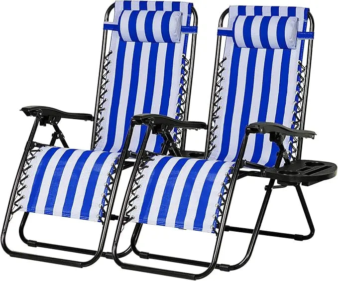 Set of 2 Relaxing Recliners Patio Chairs Adjustable Steel Mesh Zero Gravity Lounge Chair Beach Chairs with Pillow and Cup Holder