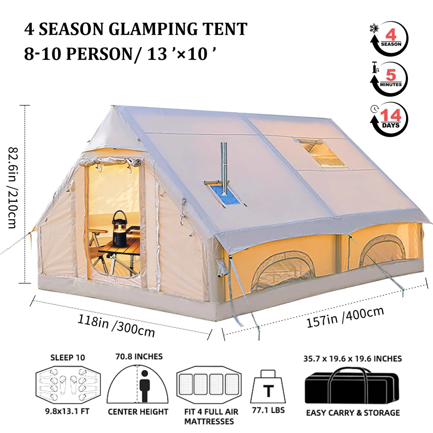 13' x 10' Inflatable Camping Tent for 8-10 Person,4 Season Blow up Tents Waterproof, Air Tent with Chimney Hole