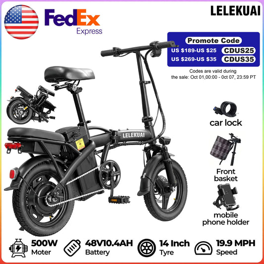 Adult and adolescent folding electric bicycles, 14 inch 500W 24MPH 48V 10Ah battery, 3-level pedal assist, 14 inch foldable mini