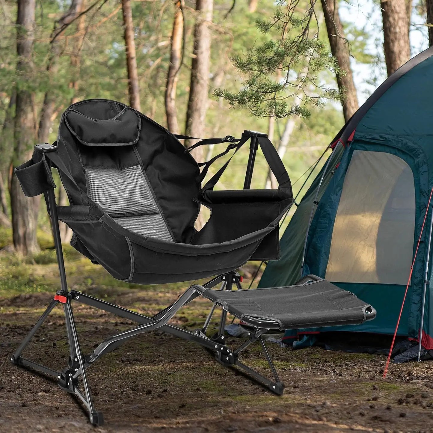 Foldable Hammock Chair with Footrest, Portable Rocking Camping Chair for Adults, Outdoor Patio Poolside Comfort