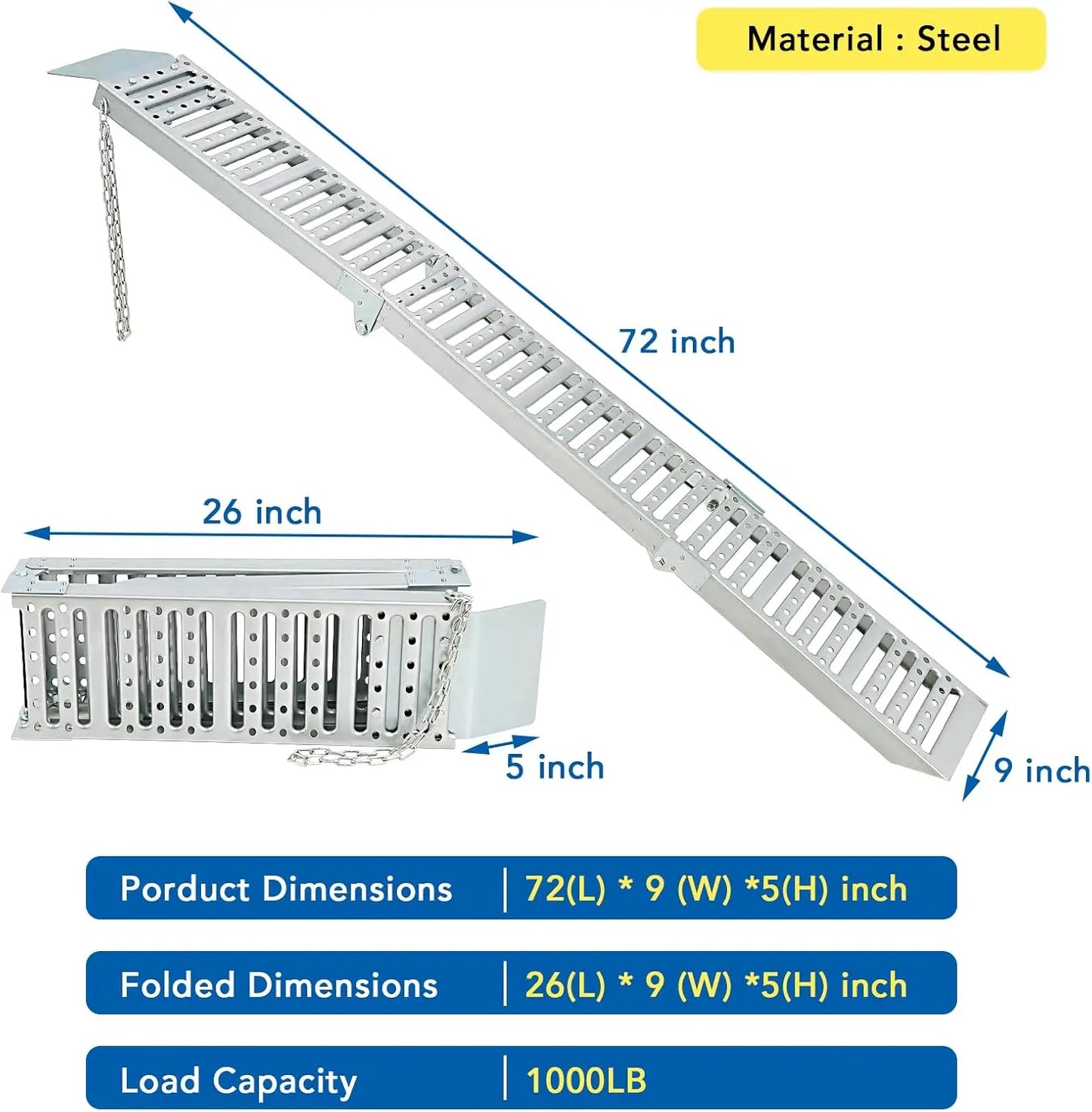 2-Pack Heavy Duty Tri-Fold Steel Loading Ramps for ATVs Motorcycles Pickup Trucks Trailers 1000 lbs Capacity 72" x 9" Non-Slip