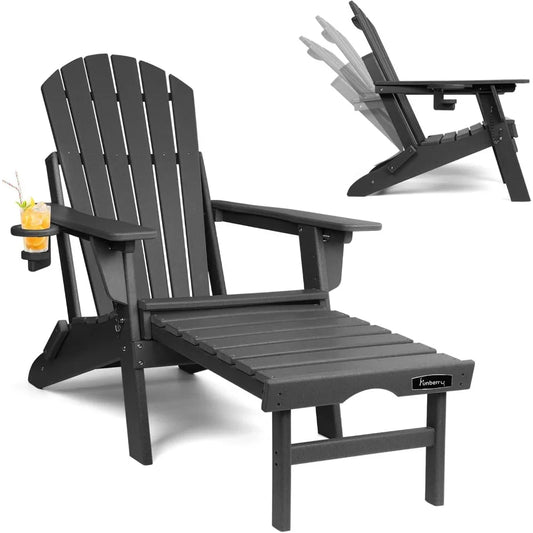 Adjustable Folding Adirondack Chairs Set of 4 | With Retractable Ottoman & Built-In Cup Holder | All Weather Fire Pit Chairs