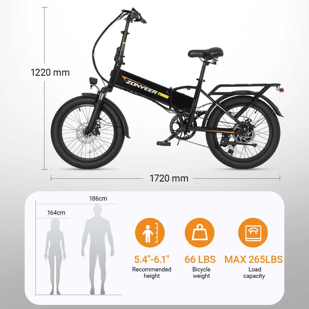 A20 Electric Bicycle 1200W Peak Motor 48V10.4AH Lithium Battery Electric Bike 20*3.0 Inch Fat Tire E-bike
