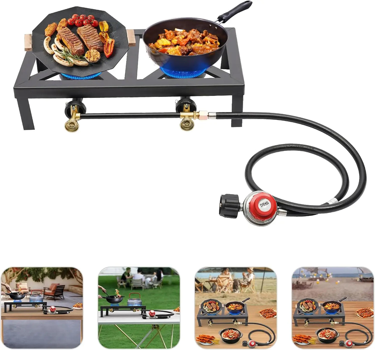 Portable Camp Stove, Propane Stove Burner, Cast Iron Double Burner LPG BBQ Cooker, Outdoor Camping Stove 2 Burners for Cooking