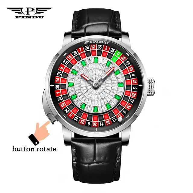 PINDU Roulette Men's Watches Diamond Man Mechanical Wristwatch Waterproof Watch For Men Waterproof Leather Strap Montre Homme