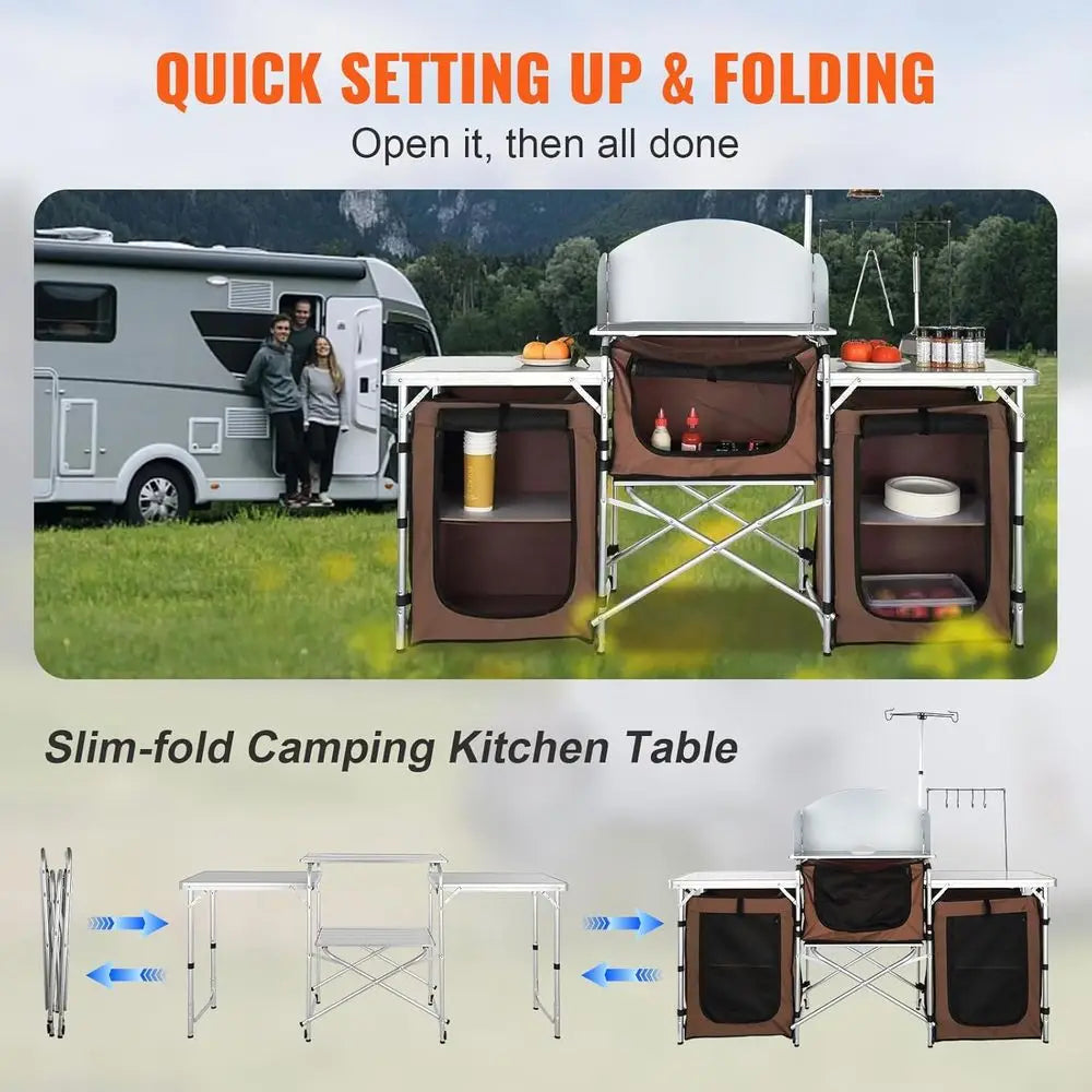Camping Kitchen Table, olding Outdoor Cooking Table with Storage Carrying Bag, Cook Station 3 Cupboard & Detachable Windsn, Quic