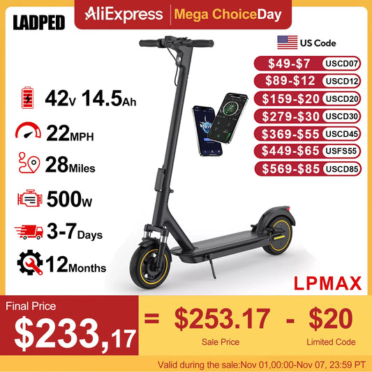 LADPED LPMAX 10" tires Folding Electric Scooter 22MPH Max Speed 500W 14.5AH 28Miles Long Range Dual Shock Absorber EScooter