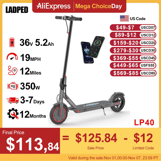 LADPED LP40 Electric Scooter 350W 19mph APP Smart Control 4 Speed Modes Foldable Electric Scooter 16miles Max Range for Adult