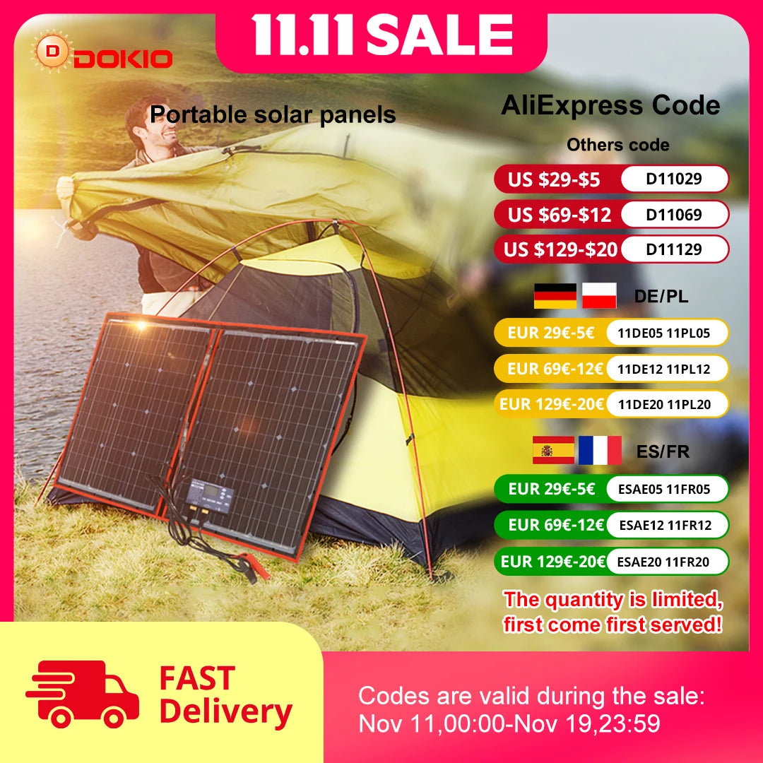 Dokio 18V 100W Portable Foldable Solar Panel with 12V Controller Kit for Family Camping Trips
