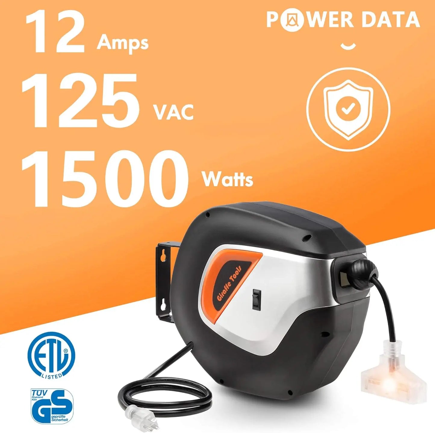Giraffe Tools Retractable Power Cord Reel, 50ft 12AWG/3C SJT Heavy Duty Extension Cord Storage Reel Wall/Ceiling Mount