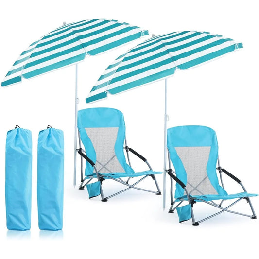 2 Pack Beach Chair for Adult with 2 Umbrella Low Folding Chair Detachable Adjustable Lightweight  Customized