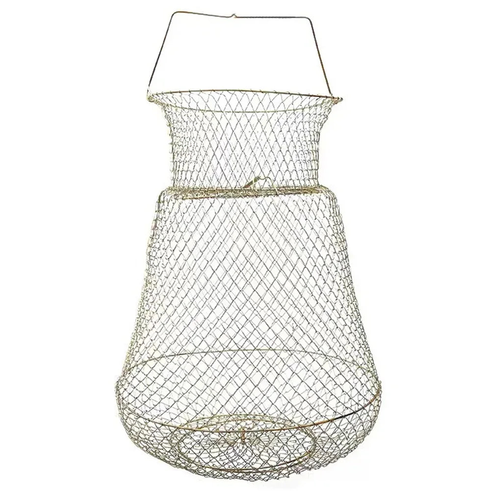 Galvanized Steel Wire Fish Basket Collapsible Fishing Basket Foldable Minnow Bucket Metal Mesh Fish Trap for Outdoor Fishing
