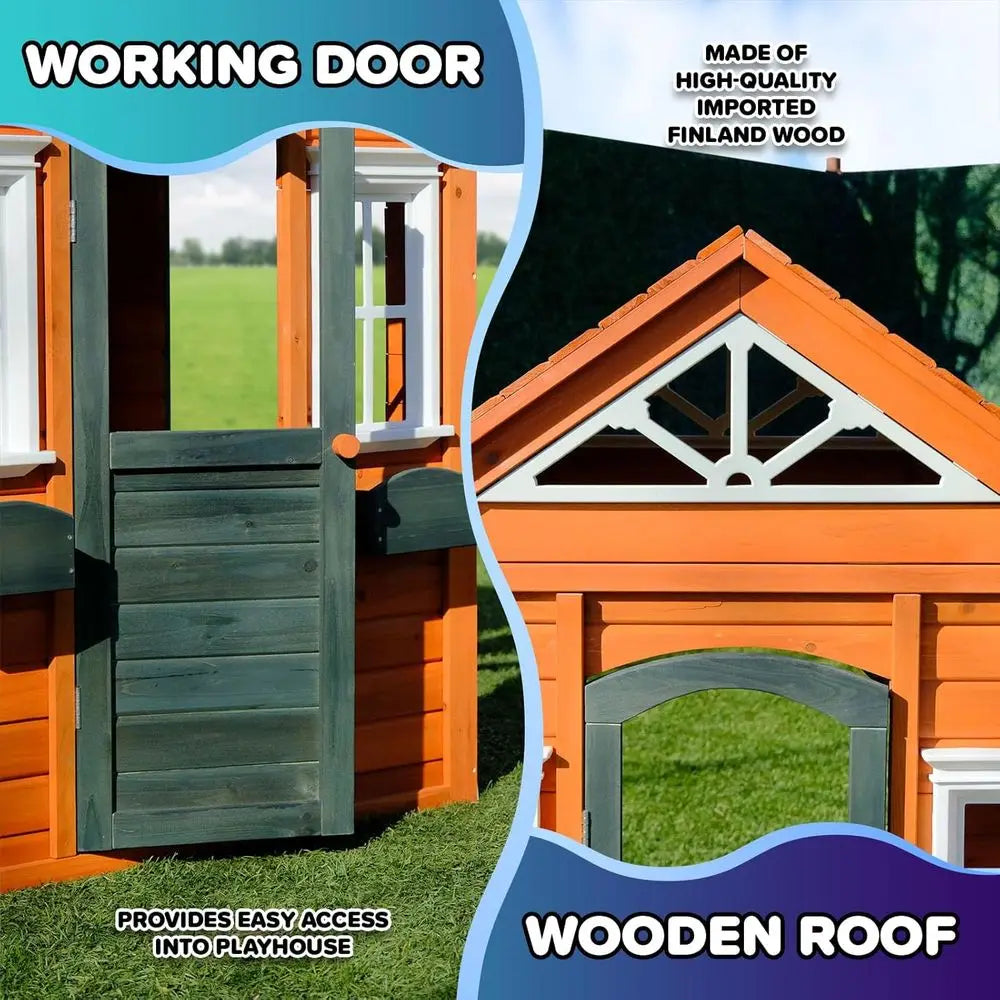 Sportspower Kids Wooden Playhouse: Pre-Cut, Stained, with Door, Open Layout, and Flower Pot Holders