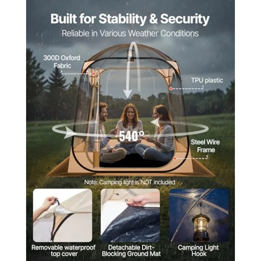 Pop up Sports Tent, Clear Bubble Tent for 2-4 Person, Waterproof Outdoor Pod with Floor Mat & Top Cover, Garden Dome Tents Campi