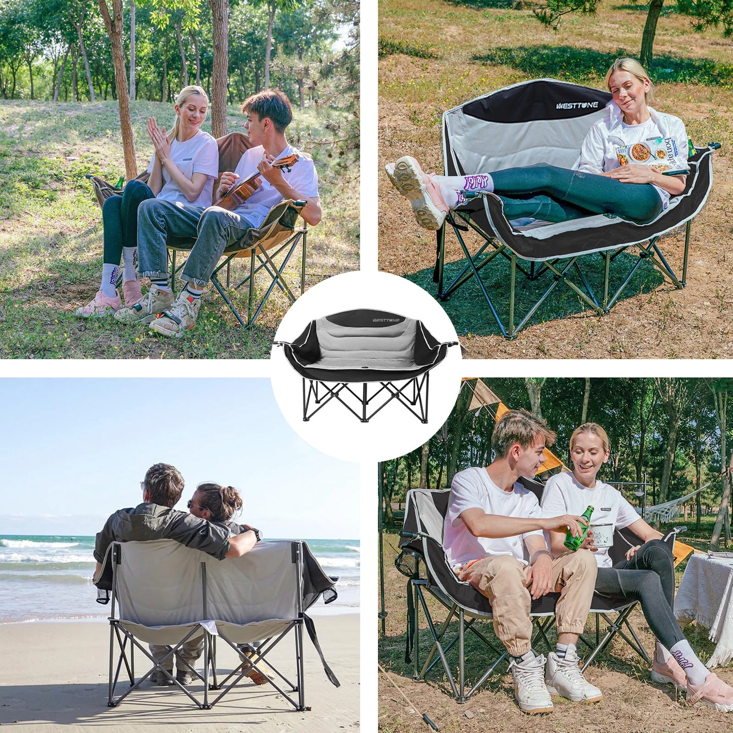 WESTTUNE Oversized Outdoor Couch Double Camping Chair Heavy Duty Outdoor Garden Folding Chair with Cup Holder Support 440 lbs