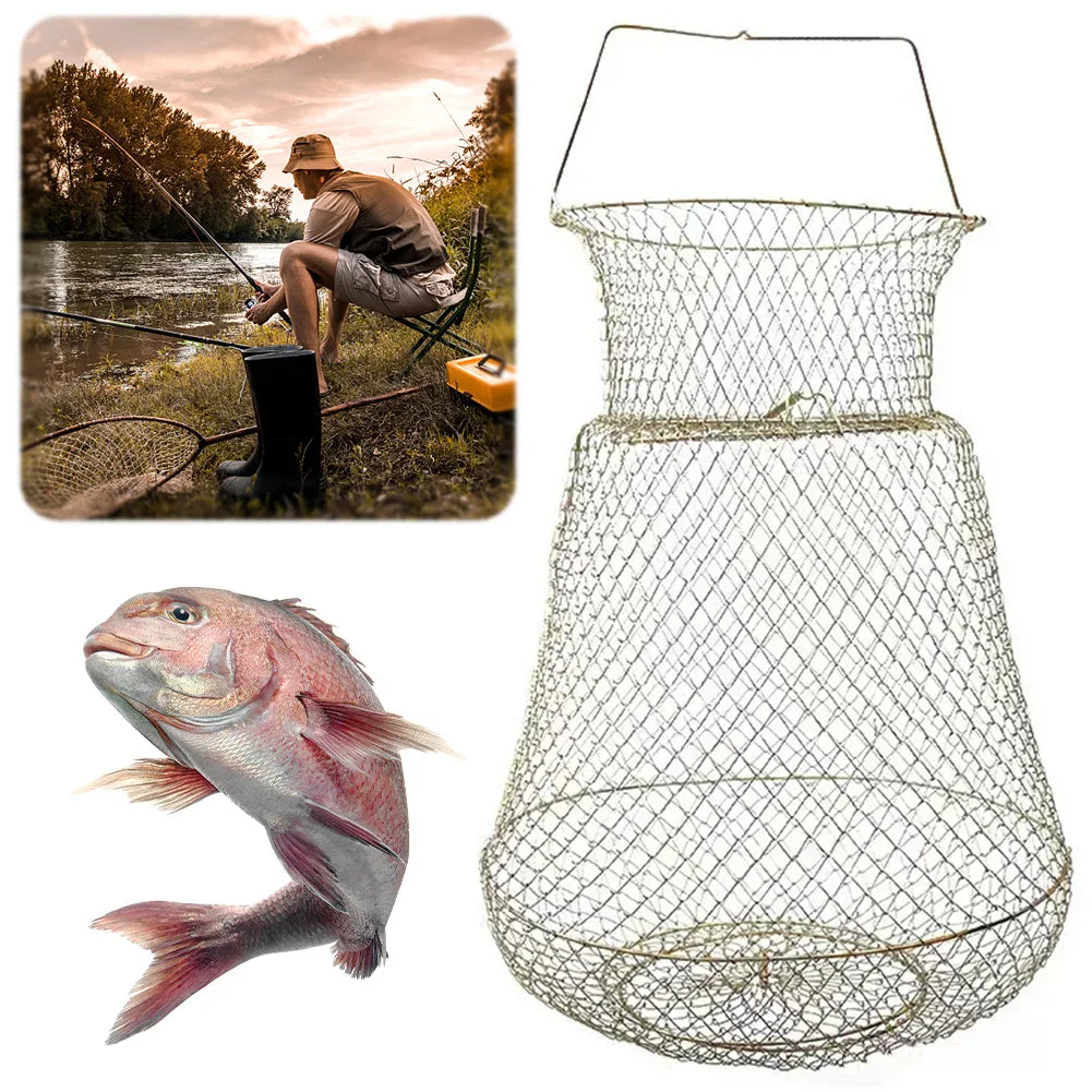 Galvanized Steel Wire Fish Basket Collapsible Fishing Basket Foldable Minnow Bucket Metal Mesh Fish Trap for Outdoor Fishing