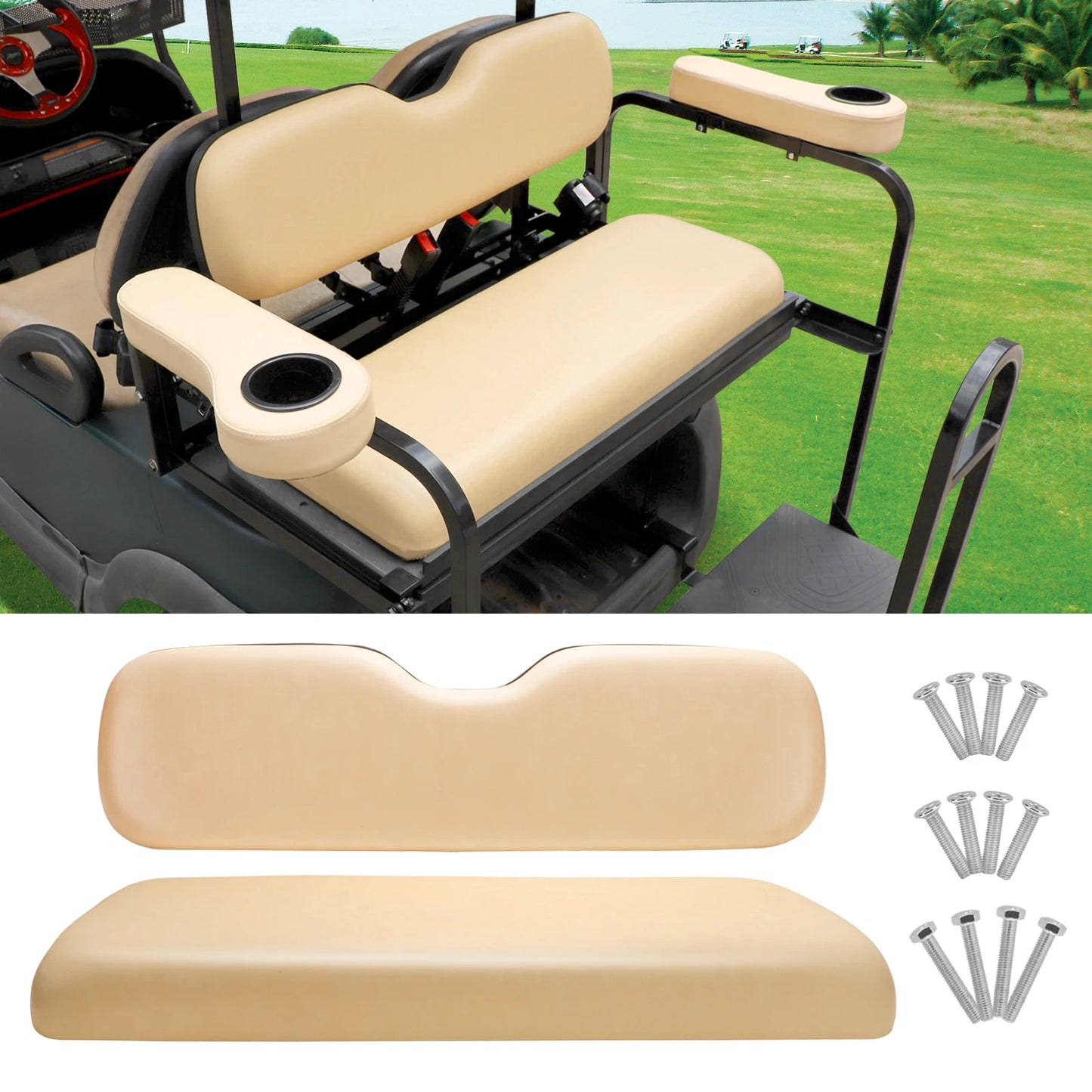 Roykaw Golf Cart Rear Flip Seat Cushions Compatible with EZGO, Club Car, Yamaha, Include Backrest and Seat Bottom, Black/Tan