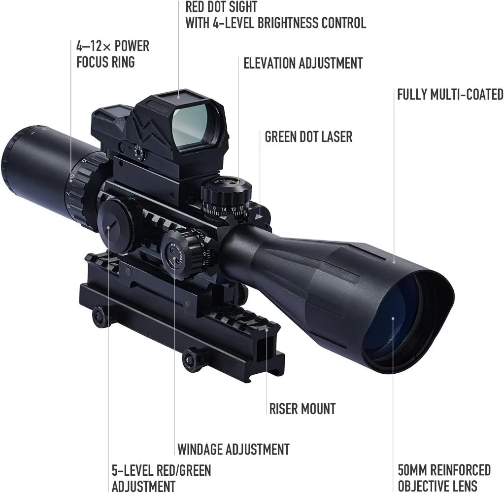 Rifle Scope Red Dot Laser Combo 4-12x50 Illuminated Optics with 4 Reticle Red Green Reflex Sight, Green Dot Laser Sight