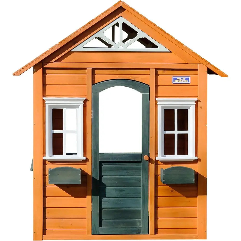 Sportspower Kids Wooden Playhouse: Pre-Cut, Stained, with Door, Open Layout, and Flower Pot Holders