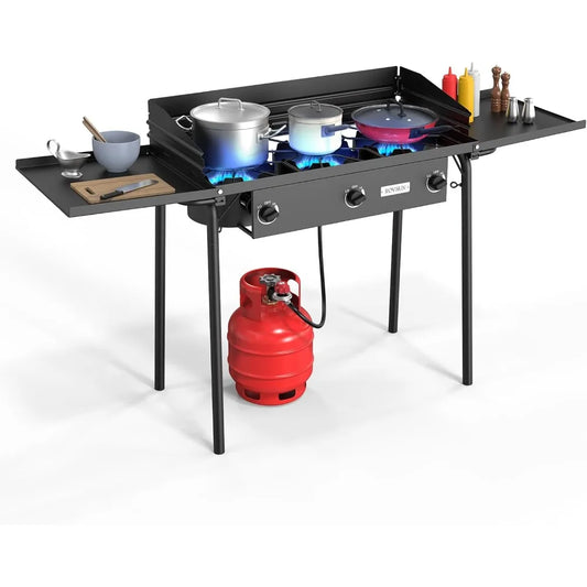 3 burner gas stove, 2 side shelf, 225,000BTU portable propane stove, regulator for camping, home backyard outdoor cooking