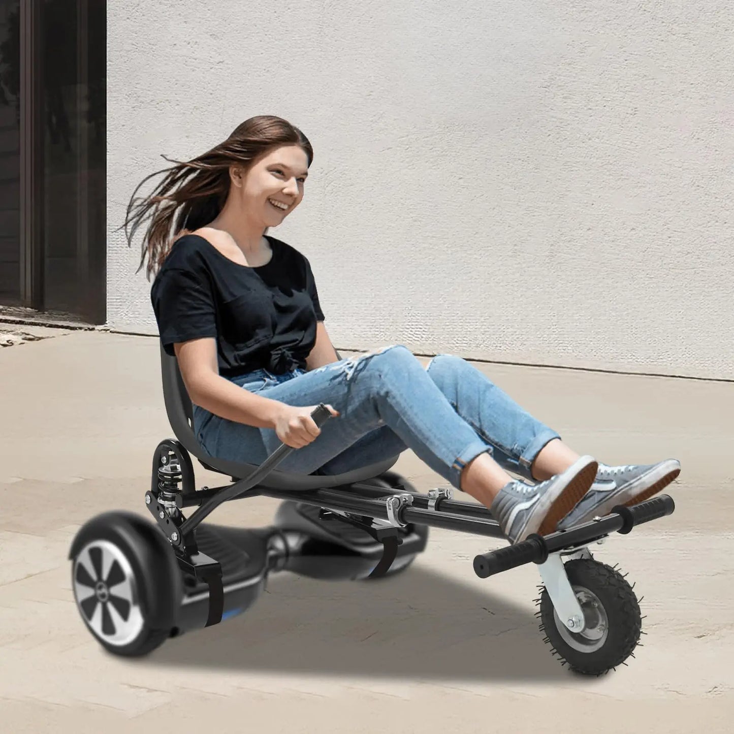 Hoverboard Seat Attachment, Hoverboard Go Kart with Doual Pole Rear Shock Absorption, Adjustable Frame Length and Handlebar Cont