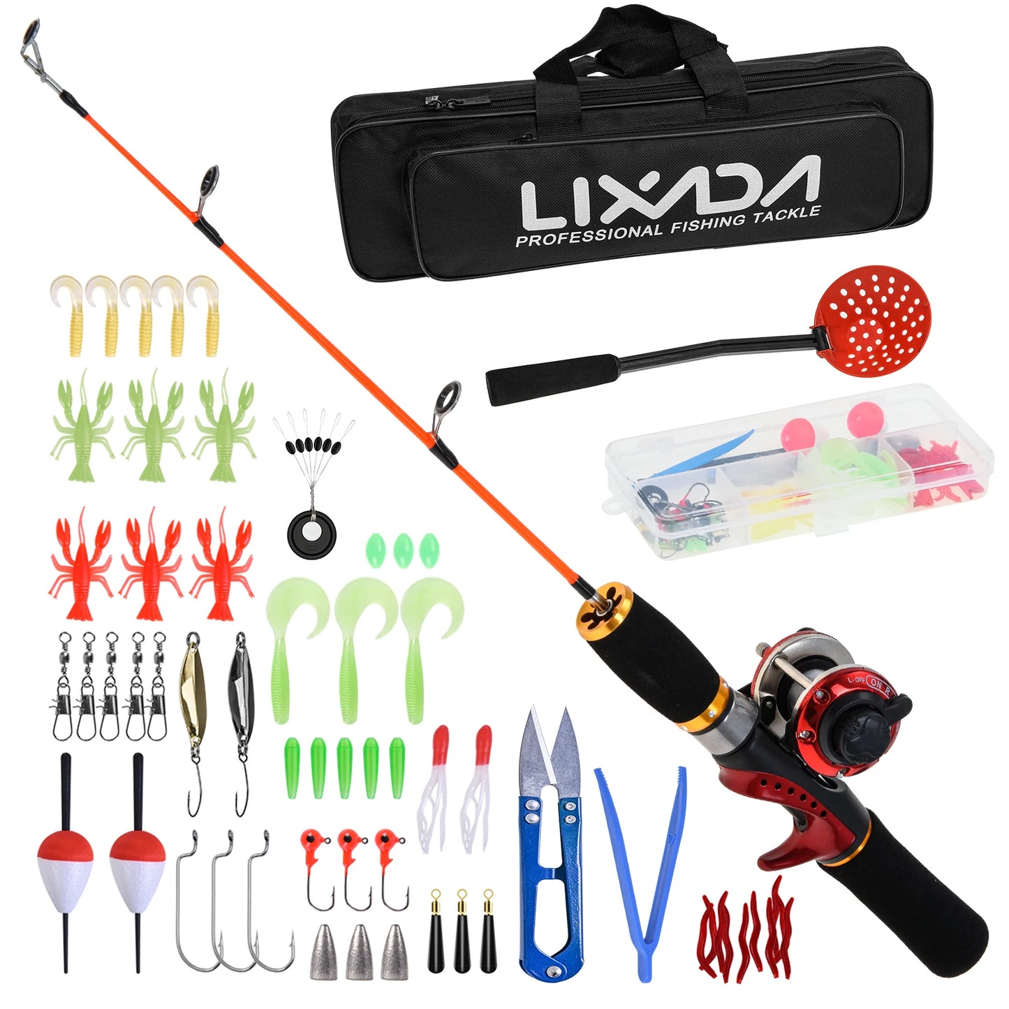 NEW Lixada Ice Fishing Rod Reel Combo Complete Kit with Ice Skimmer Scoop and Carry Bag Lures Hooks Swivels Accessories