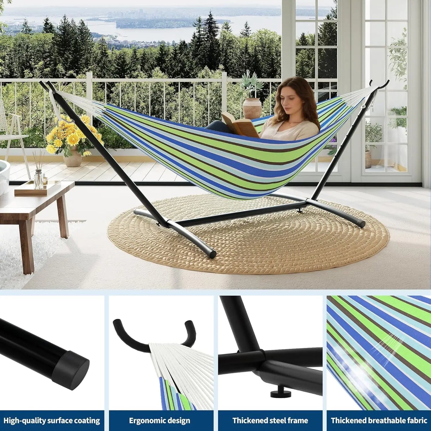 Portable Double Hammock with Stand, Heavy-Duty Steel Frame for Indoor Outdoor Use, 450 lbs Capacity