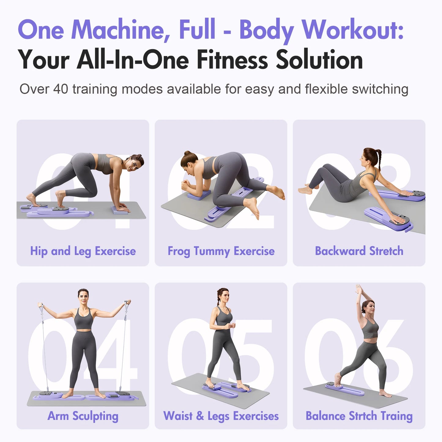 Pilates Reformer Board AB Portable Split Resistance Gym Equipment with Resistance Bands LCD Display Full Body Workout Machine