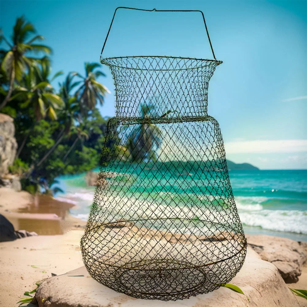 Galvanized Steel Wire Fish Basket Collapsible Fishing Basket Foldable Minnow Bucket Metal Mesh Fish Trap for Outdoor Fishing