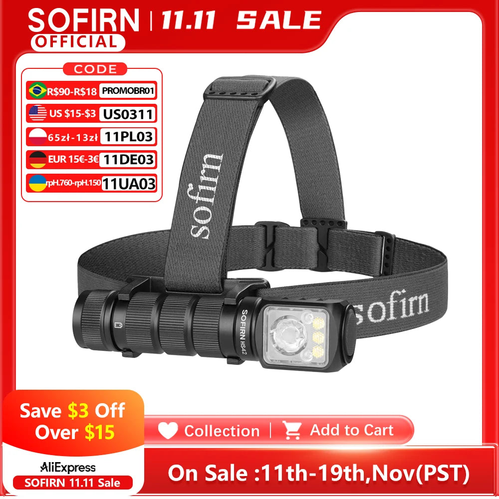 SOFIRN HS42 2100lm Headlamp 18650 USB C Rechargeable RED LED Flashlight SST40 LED EDC Torch with Magnetic for Camping