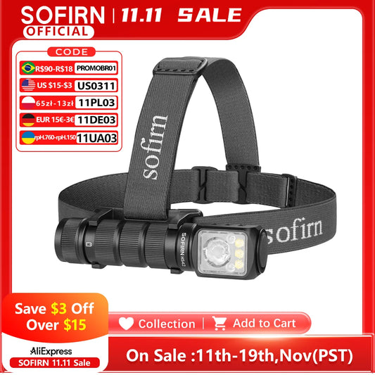 SOFIRN HS42 2100lm Headlamp 18650 USB C Rechargeable RED LED Flashlight SST40 LED EDC Torch with Magnetic for Camping